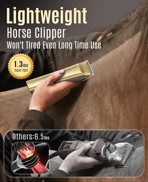 oneisall Professional Horse Clippers for All Coat Types | 7000RPM, 2 Speed, Detachable Metal Blade, Low Noise, 2000 mAh, Cordless, 5 Guide Combs, Grooming Kit with scissors/steel comb