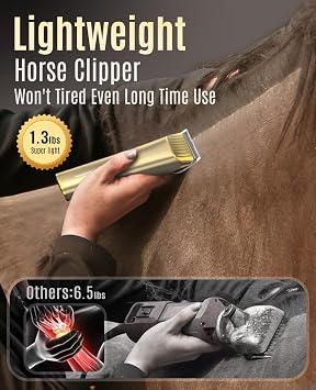 oneisall Professional Horse Clippers for All Coat Types | 7000RPM, 2 Speed, Detachable Metal Blade, Low Noise, 2000 mAh, Cordless, 5 Guide Combs, Grooming Kit with scissors/steel comb
