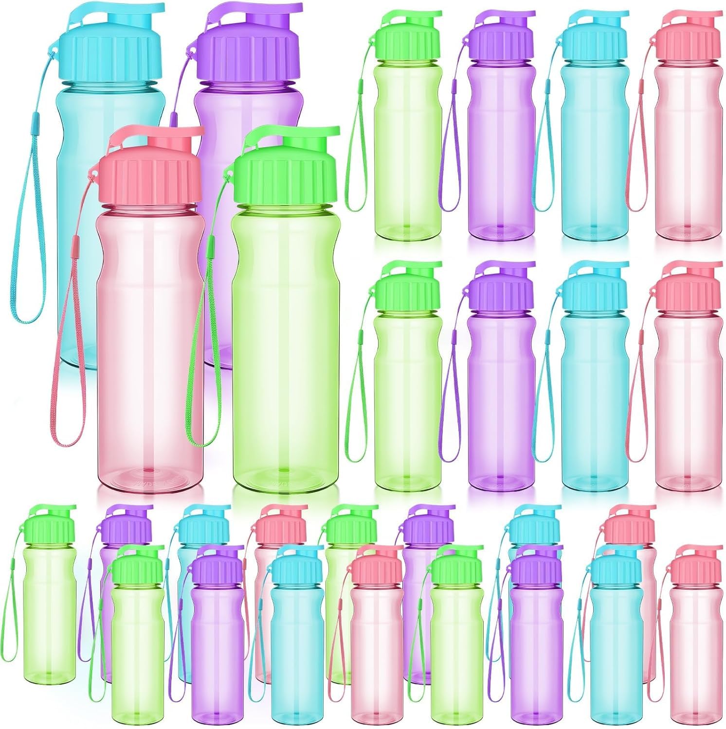 20 bottiglie d'acqua in plastica per bambini da 500 ml, bottiglie sportive riutilizzabili con tappo a patta e cintura, impermeabili e leggere, ideali per scuola, feste, all'aperto, palestra (4 colori)