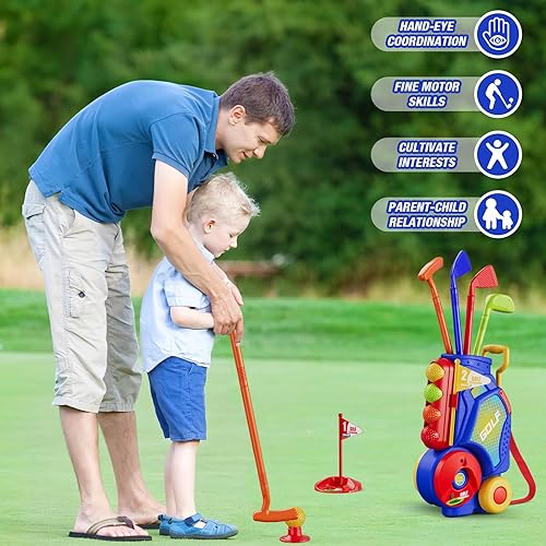 Miniatura 5 de Juego de golf para niños pequeños, palos de golf mejorados para niños con 12 pelotas, tapete de putt, correa para el hombro, juguetes deportivos