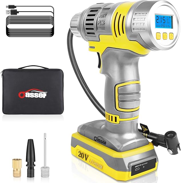 Oasser 20V Cordless Tyre Inflator Air Compressor Cordless Car Tyre Pump with Rechargeable Li-ion Battery, LCD Digital Pressure Gauge LED Lights