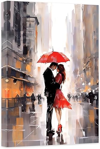 Pintura en lienzo para decoración de pared, amantes de París con paraguas rojo, arte de pared, impresiones románticas en lienzo para dormitorio,