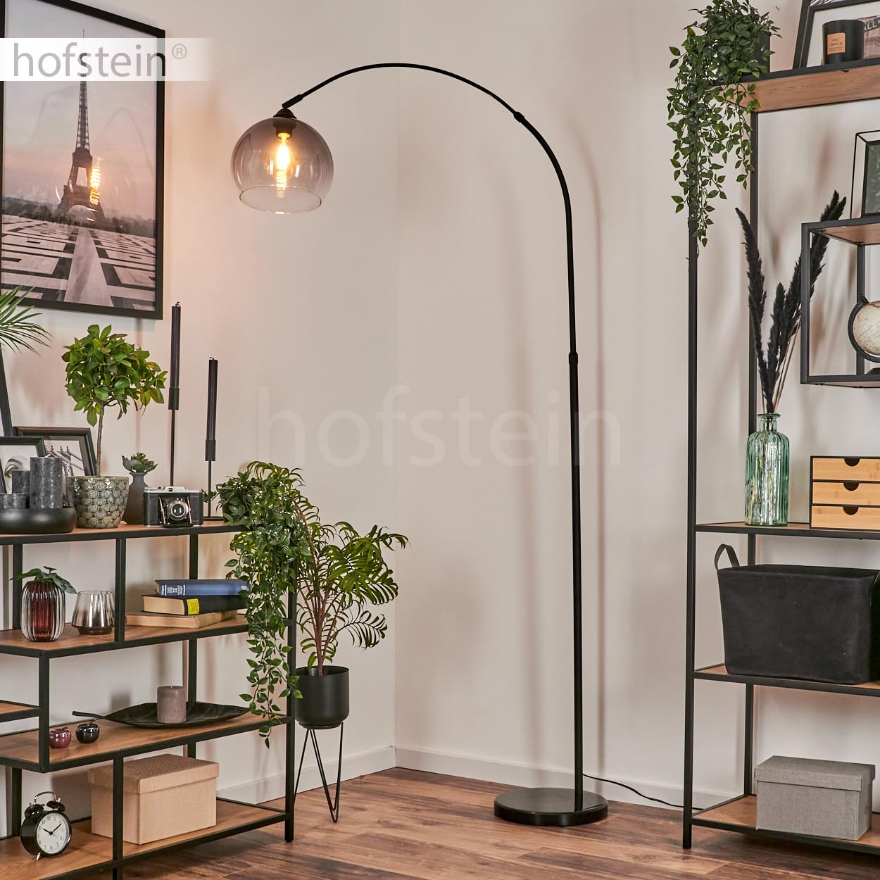 Stehleuchte Tapitapa, Stehlampe aus Metall/Glas/Marmor in Schwarz/Rauchfarben/Klar, verstellbare Bogenlampe (Ø 24,5 cm) m. Fuß aus Marmor, 1 x E27 max. 60 Watt, ohne Leuchtmittel, Fußschalter am Kabel