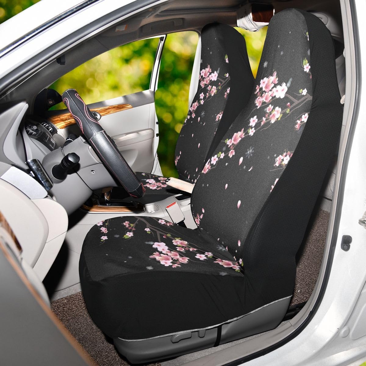 2 PCS Cherry Blossom Car Seat Covers Abstract Japanese Pink Flowers with Falling Petals Floral Print Vehicle Seat Protector Cushion Cover Universal Car Accessories for SUV Truck Sedan