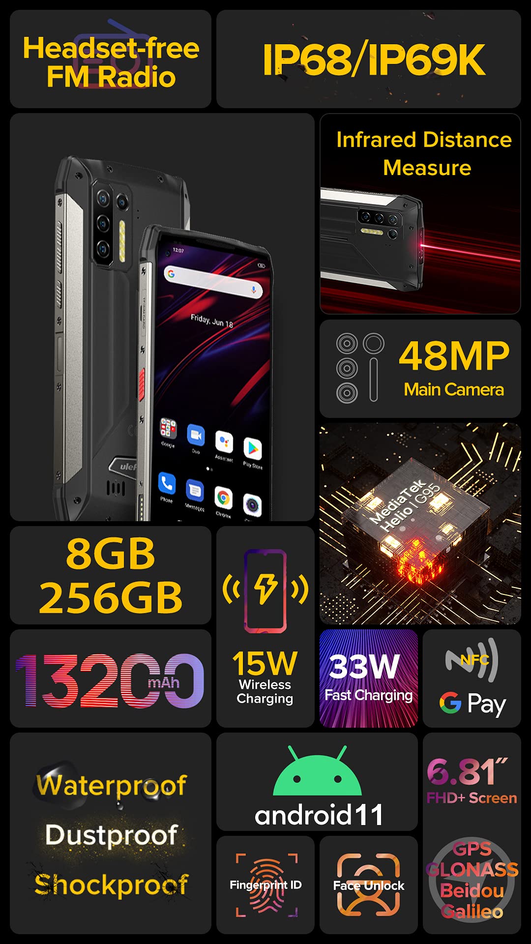 Ulefone Power Armor 13 Smartphone Incassable, Batterie 13200mAh, Mesure Distance Infrarouge, 6,81’’ 48MP Caméra, Android 11 Etanche IP68 Telephone Debloque, Helio G95 8Go 256Go, Charge sans Fil NFC