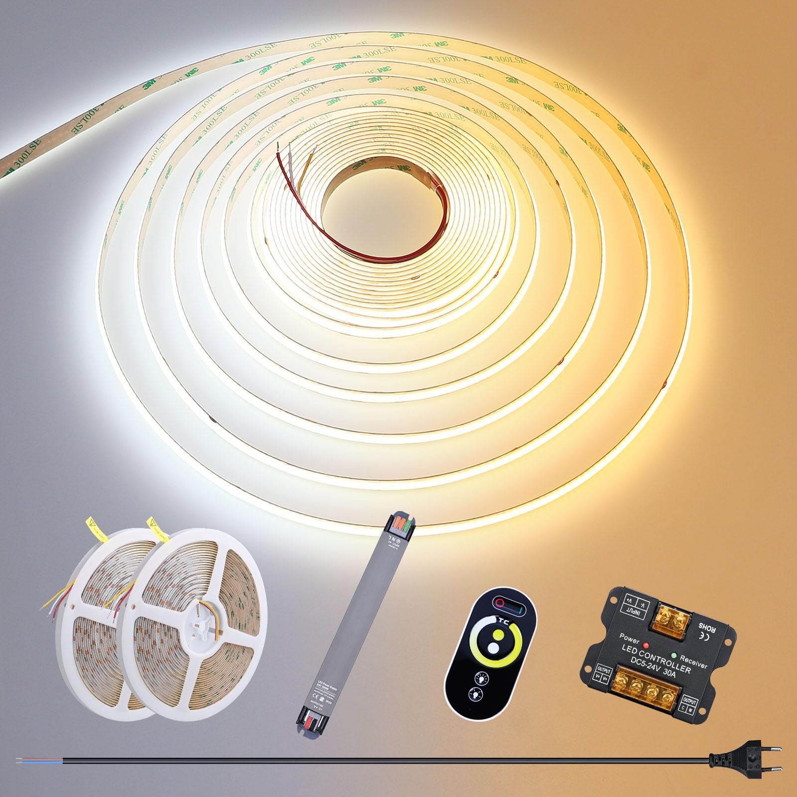 GOMING 24V 20M(2 X 10M) CCT COB LED Streifen 2700K-6500K Weiß Einstellbar | LED Strip Mit 24V 200W Netzteil und Controller 576LEDs/M CRI 93+ Flexible IP20 Nicht Wasserdicht LED Band für Heim Deko