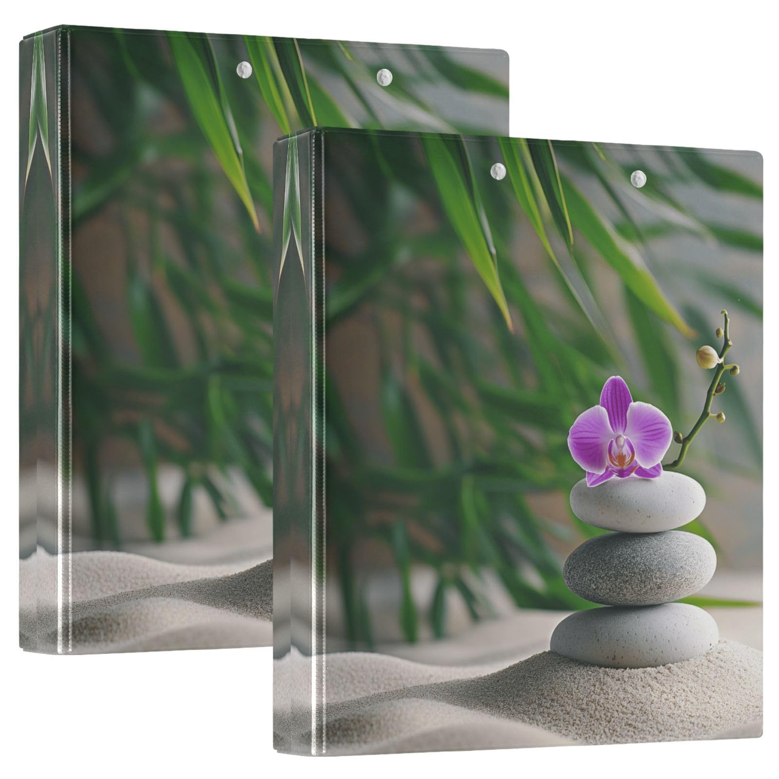 Confezione da 2 raccoglitori a 3 anelli, motivo fiore di pietra zen giapponese, 3,8 cm, con 3 tasche trasparenti, portablocco e contiene 200 fogli, per ufficio, scuola, organizzazione