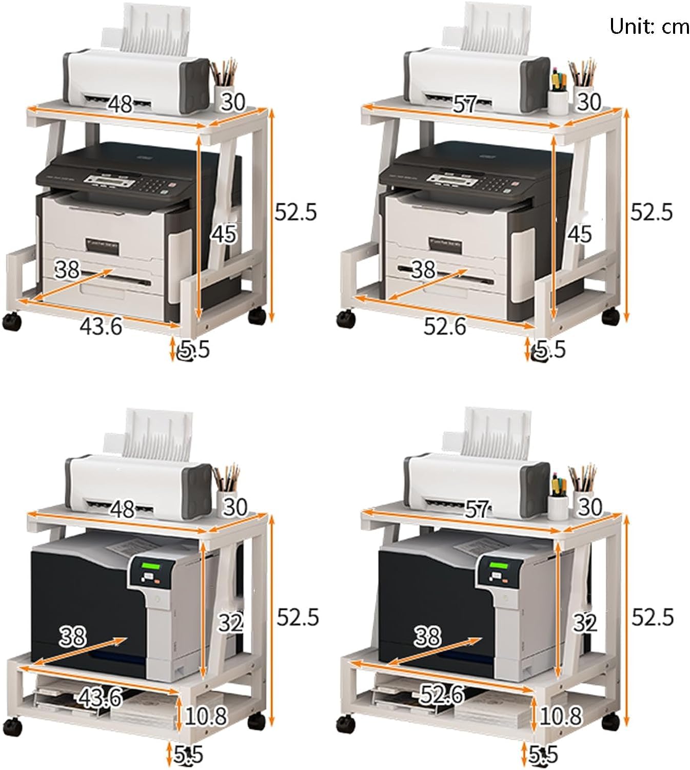 Supporto Stampante Carrello per Stampante Mobile Scaffale per Multistrato di Finitura per Archiviazione Desktop da Casa per Ufficio Fax per Stampanti per Ufficio(Black,48x30x52cm)
