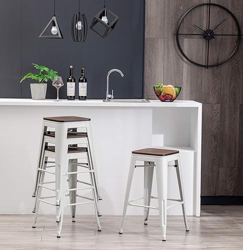 Miniatura 37 de [Juego de 4] Taburete metálico apilable industrial moderno para interior/exterior 17 pulgadas, Metal Plata sin espalda con madera,Sin espalda negro