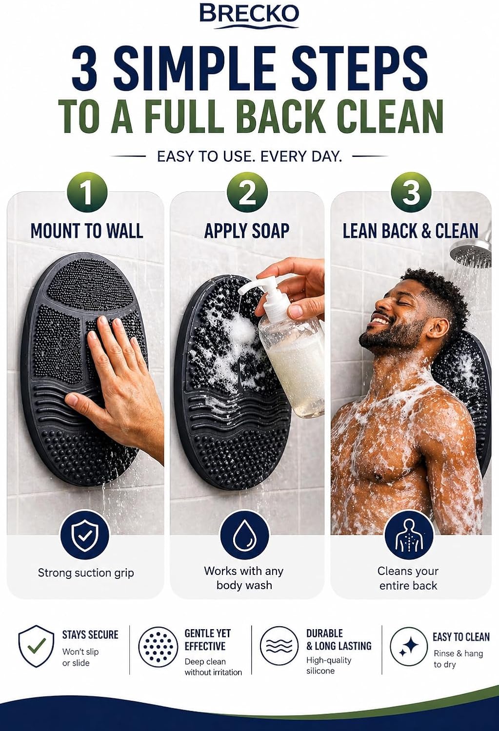 Brecko™ Back Scrubber – Hands-Free Shower Back Cleaner, Wall Mounted Silicone Body Scrubber with Suction Cups for Easy Back Cleaning