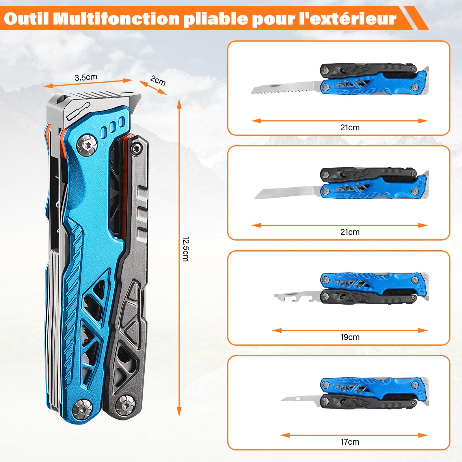 Pince Multifonction en Acier Inoxydable 17 en 1, Couteau Multifonction avec Sac, Outil Multitool Scie Embouts Tournevis Ouvre-Bouteille pour Camping, Extérieur, Randonnée, Survie, Réparation