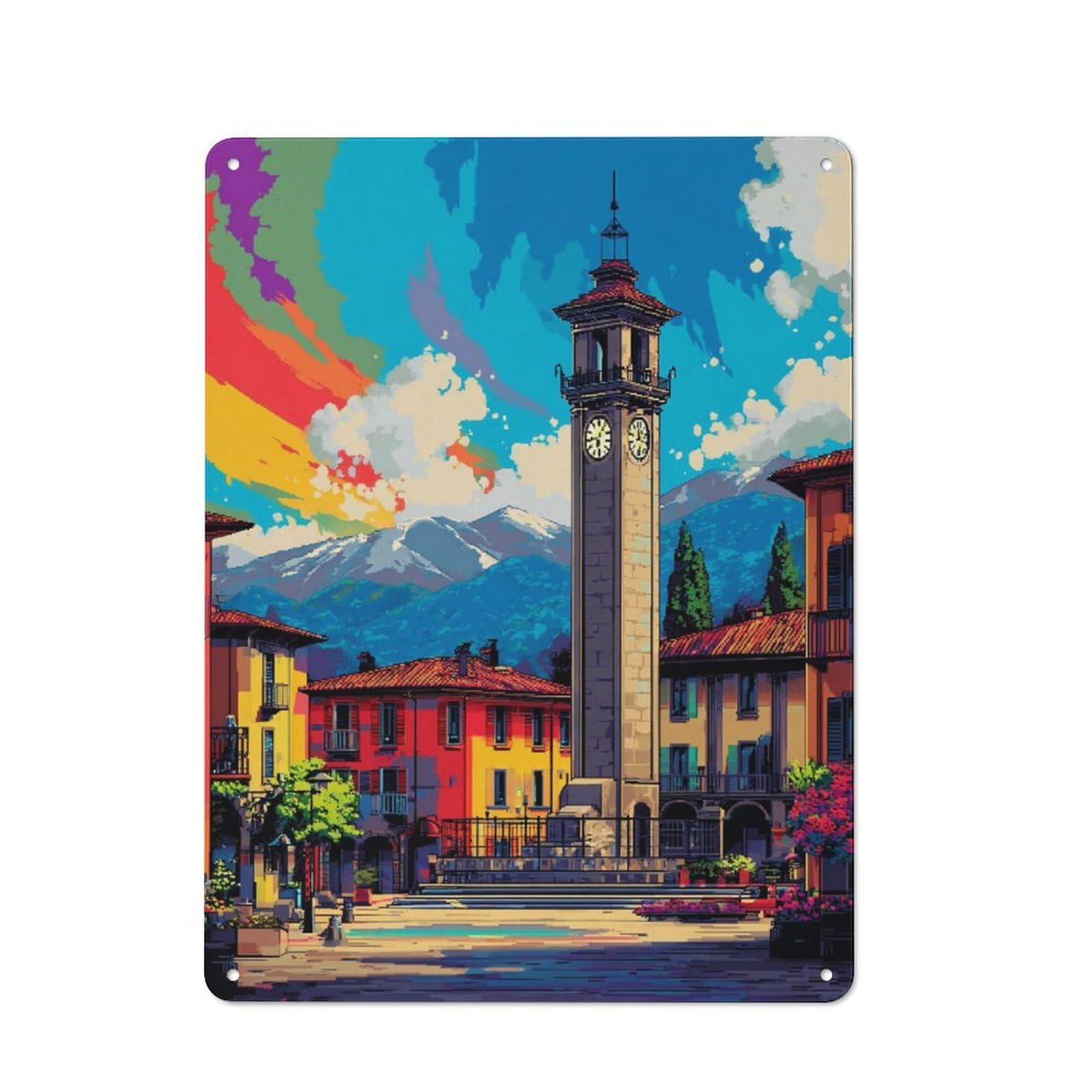Colorful Village with Clock Tower Metal Wall Sign 40x30cm, Clean Industrial Loft Wall Plaque for Workspace, Cafe, Hallway Or Garage