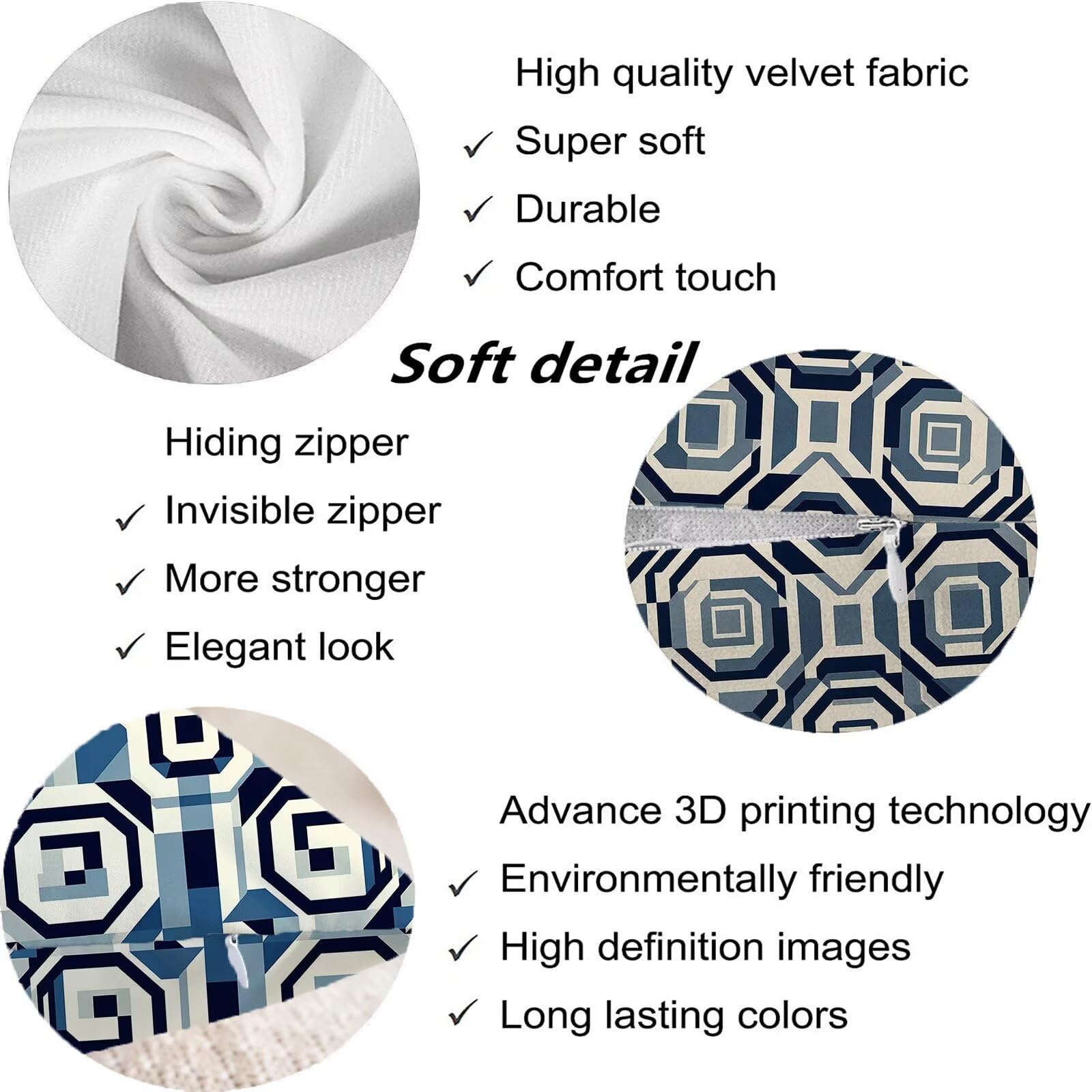Blu Federe Cuscini Divano 60x60cm, Cuscini da Esterno Set de 4, Cod-136 | Velour Copricuscini Decorativi Letto Arredo, per Letto, Soggiorno, Giardino, Esterno, Casa Decorazione Set di 4 Geometria