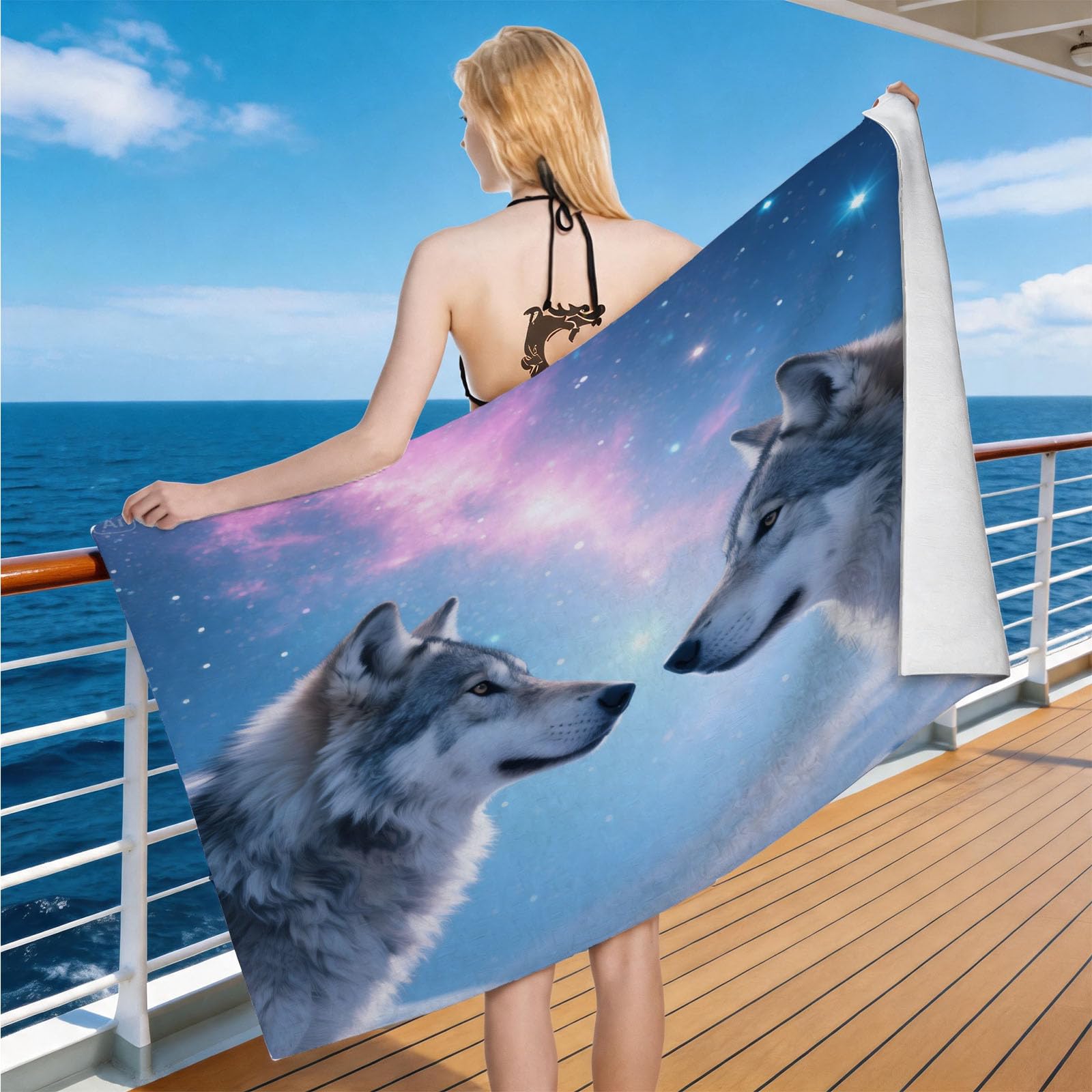 Hongduo Microfiber Quick Dry Beach Towel Nebula Wolf, 3D Wolf Totem Beach Towels Absorbent Fast Drying Bath Towels, Travel Camping Gym Swimming Bathroom (100x200cm)