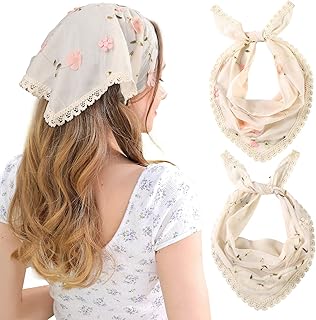 2Pcs Floral Hair Bandanas Tie-back Head Kerchief for Women Flower Mesh Hair Scarves Lightweight Triangular Head Scarf