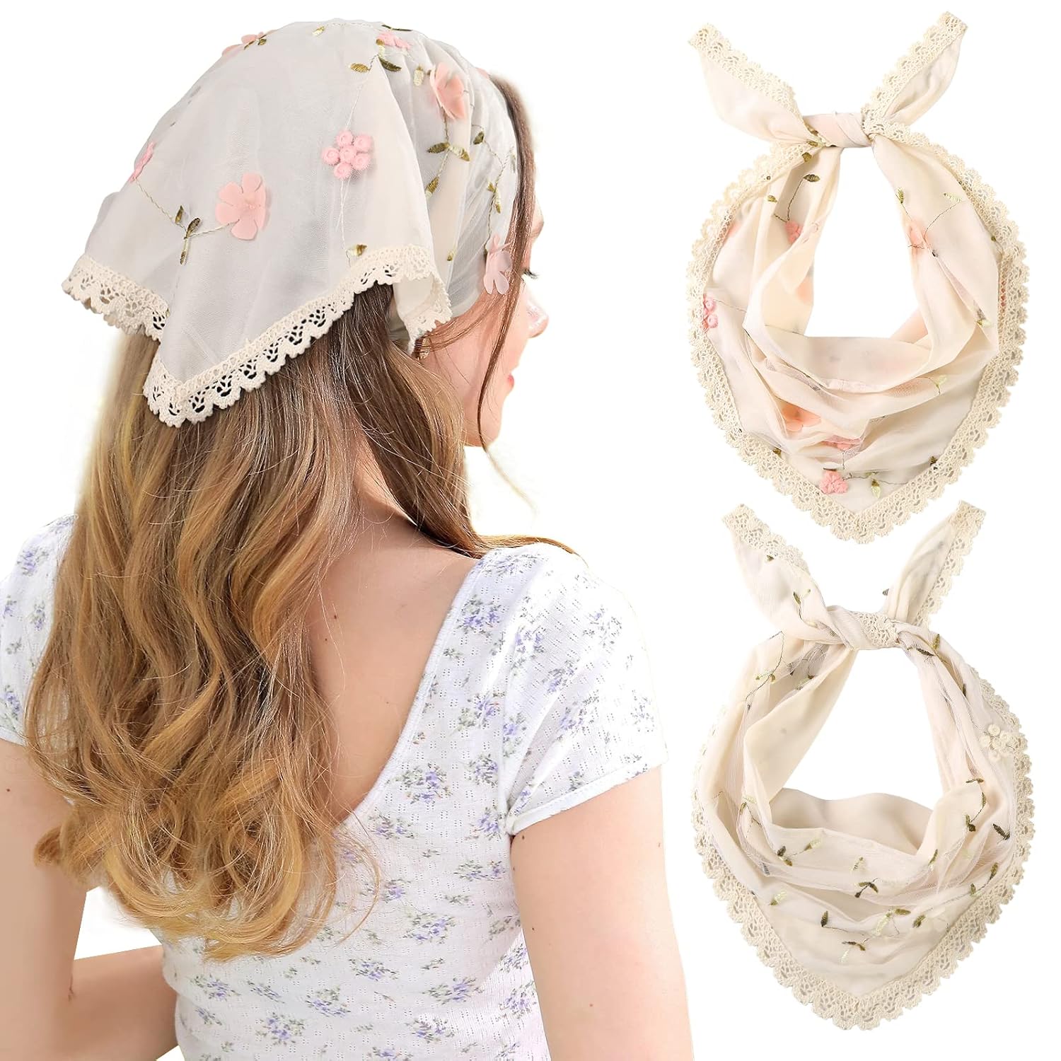 AWAYTR 2Pcs Floral Lace Head Scarf, Boho Triangular Bandana for Women