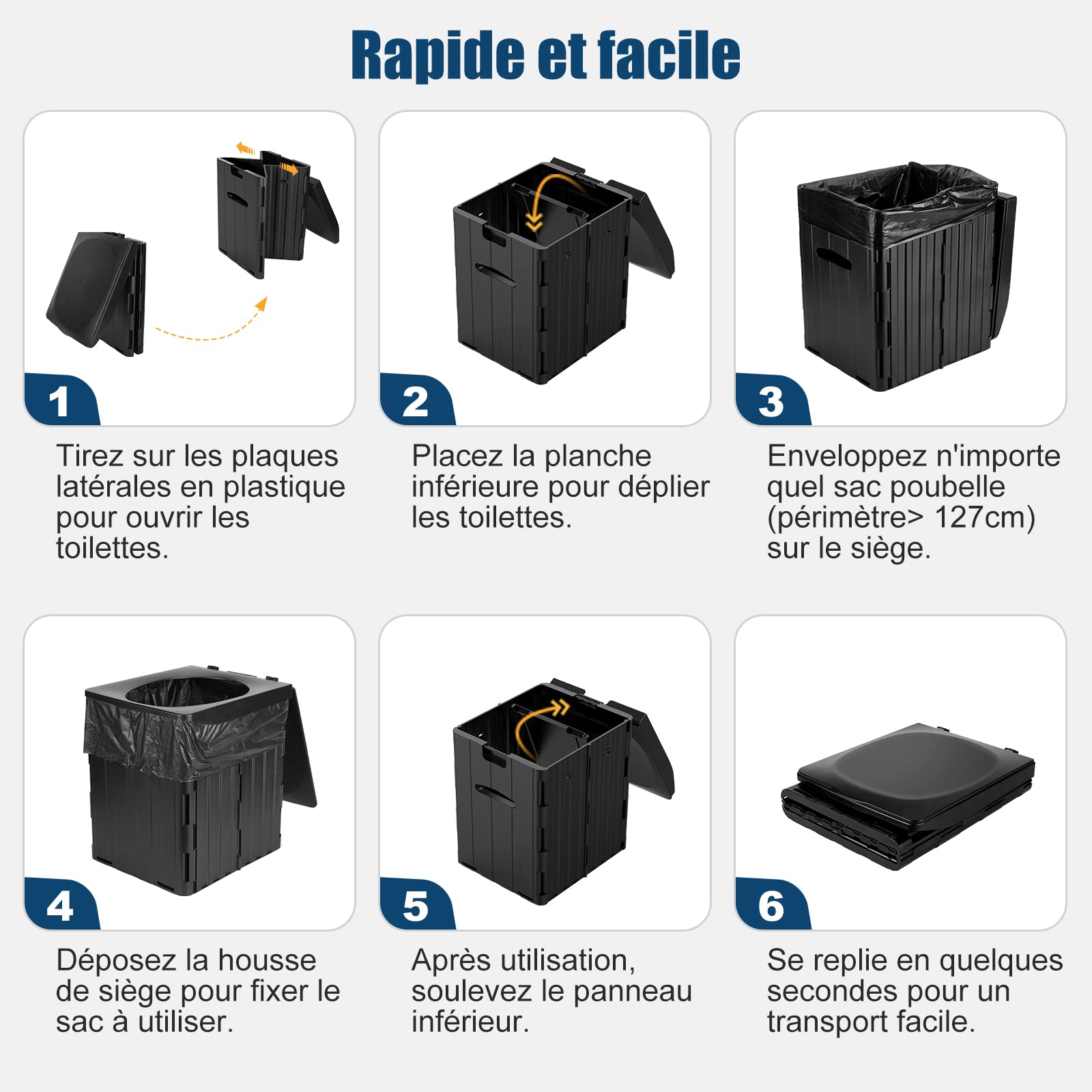 WADEO Toilettes de Camping Portables avec Porte-Mouchoir/Téléphone Portable et Urinateur, Toilettes de Camping Pliables pour Adultes, Convient pour Randonnée, Camping, Voyage, Embouteillage (Noir)