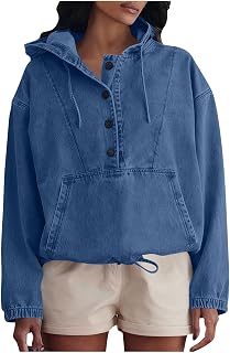 Womens Denim Sweatshirts Button Collar Hooded Sweatshirt Fashion Cowboy Loose Fit Hoodies 2026 Trendy Shirt