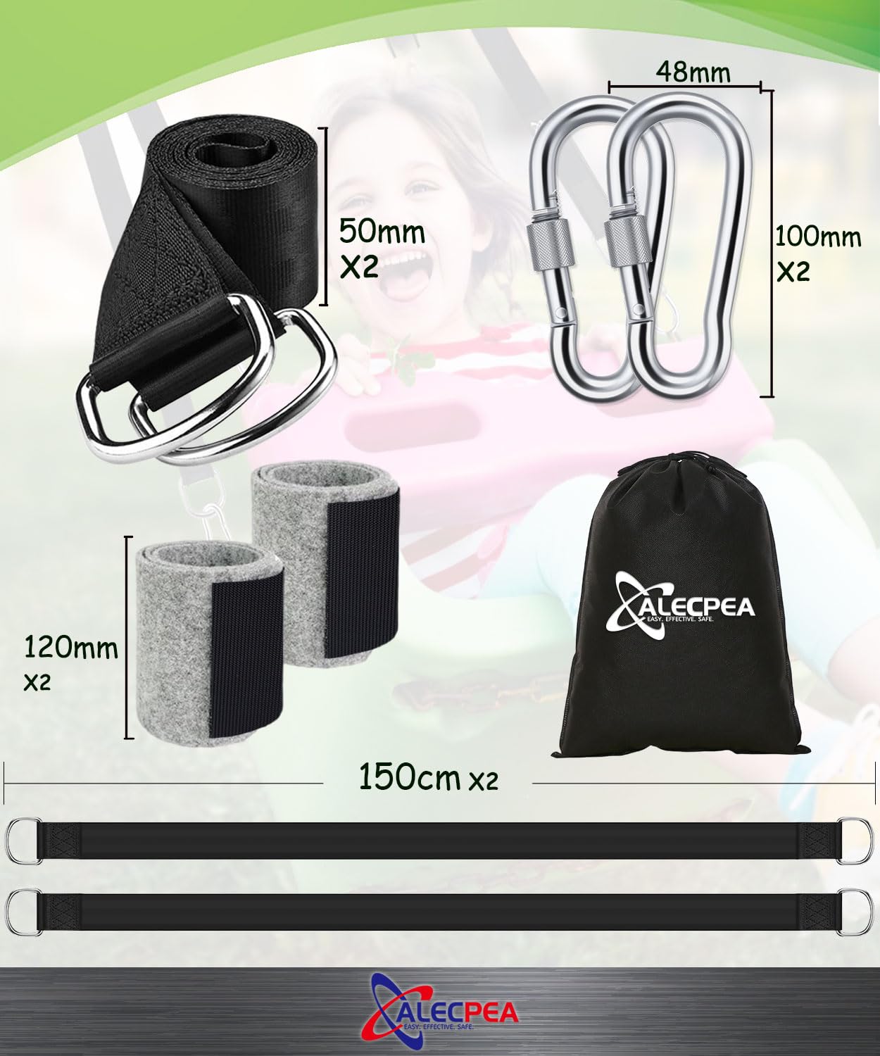 ALECPEA 900KG Schaukel- und Hängematte-Befestigungssatz - All-Inclusive 2er-Set | 150cm x 5cm Hängemattengurte | Inklusive Karabinern, D-Ringen, Aufbewahrungstasche und Baumschutzpolstern - 4