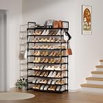 10 Tier Shoe Rack, Large Capacity Tall Shoe Storage Organizer Holds 50-55 Pairs Shoes and Boots, Vertical Shoe Shelf Cabinet with Versatile Hooks for Closet Entryway Garage Bedroom