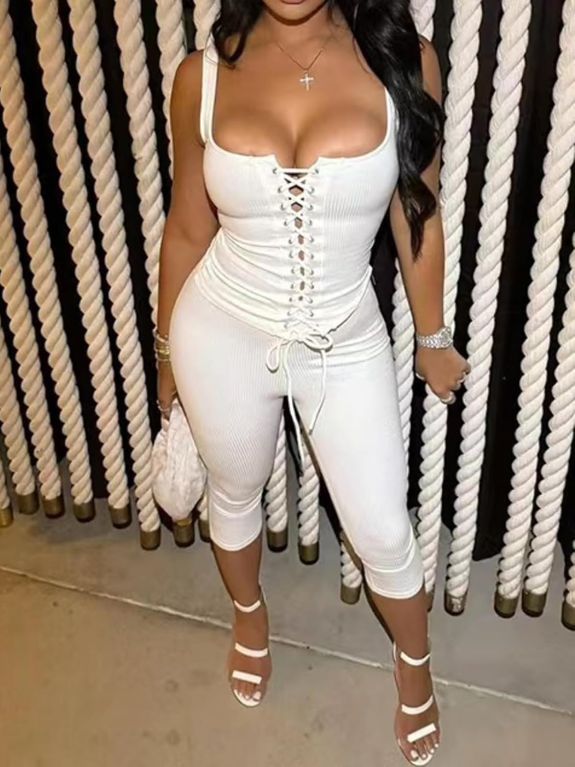 2 Piece Sets for Women Summer Ribbed Knit Hollow Tie Down Tank Top and Capri Legging Bodycon Set Jumpsuits - Image 2