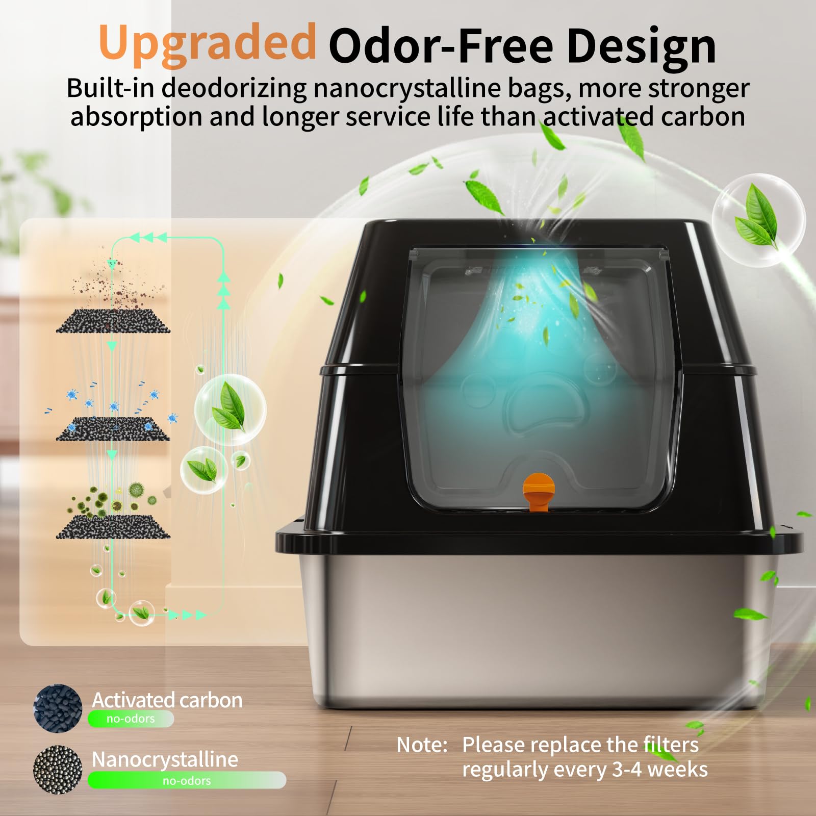 Lettiera per Gatti in Acciaio Inox, paletta lettiera gatto,Lettiera Gatto Chiusa XXL, Contenitori per lettiere con Pala, Doppio Strato Opaco Toilette per Gatti, Cassette igieniche per gatti - Nero