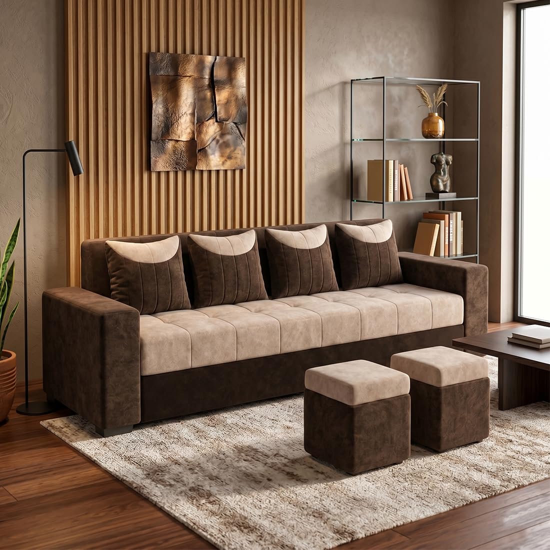 Alvaro Asterio 4 Seater Velvet Fabric Sofa Set with 2 Ottomans, Modern Living Room Couch, Space Saving Luxury Furniture for Home & Office - Beige & Dark Brown-image-2