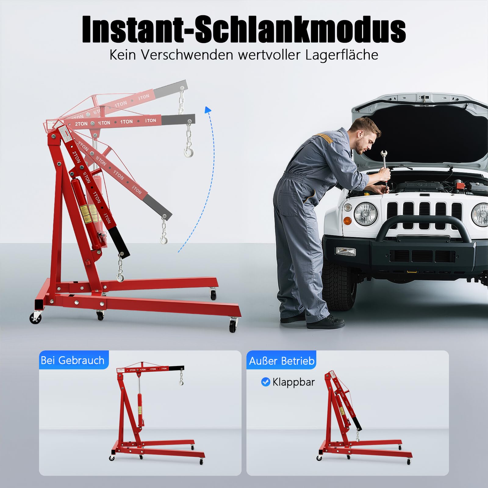 Werkstattkran Klappbar mit 4 Einstellbaren Positionen, 2000 KG Motorkran Motorheber aus Kohlenstoffstahl, 6 Eisen-Lenkrollen, Max. 210 cm Hakenabstand vom Boden, Rot (2-Pack-Sendung)