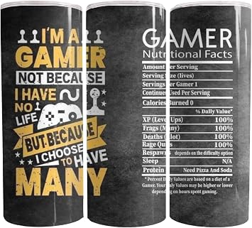 Gamers Oasis Tumbler Level Up in Style - 20oz Skinny Tumbler - Double Wall Skinny Tumbler with Straw and Lid, Insulated Cup Stainless Steel Slim Travel Tumbler for Women and Men 20oz