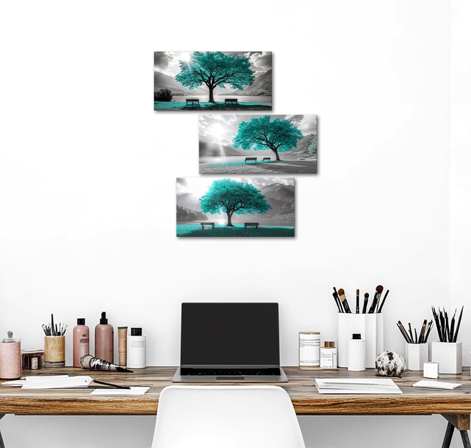 seteuret Teal Tree Wall Decor, Abstract Landscape Wall Art - Teal and Grey Modern Home Decor for Bathroom Living Room, 8"x16", 3Pcs