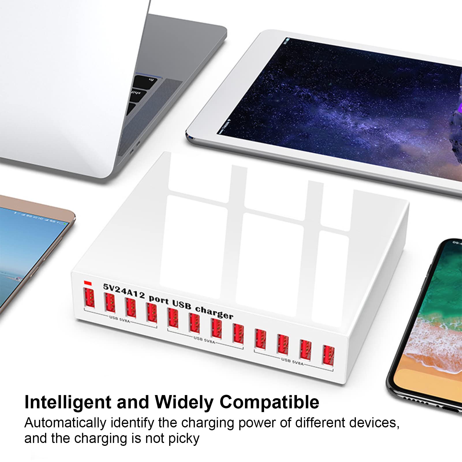 Estación de Carga USB, Concentrador de Cargador USB de 12 Puertos con Luz Indicadora LED Y Carga Rápida, Reconocimiento Automático de Soporte de Enchufe de 120 W, para Computadora(Enchufe de la UE)