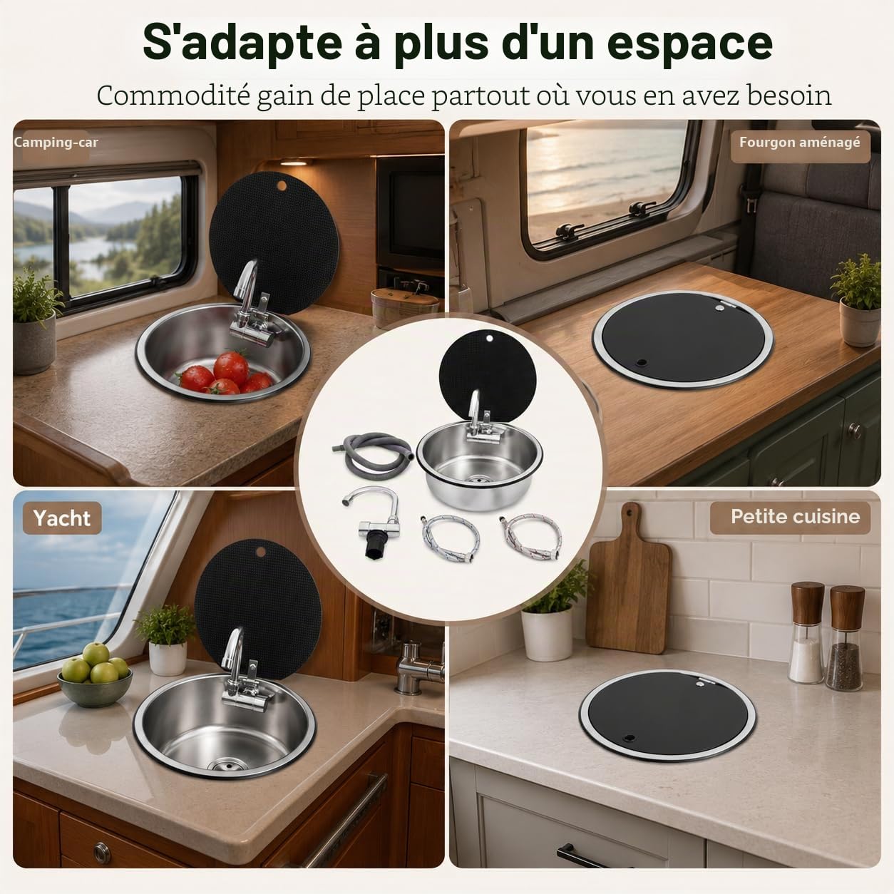 Évier de cuisine à fermeture éclair - 34 x 15 cm - En acier inoxydable - Avec robinet pliable - Pour camping-car, caravane, camping-car