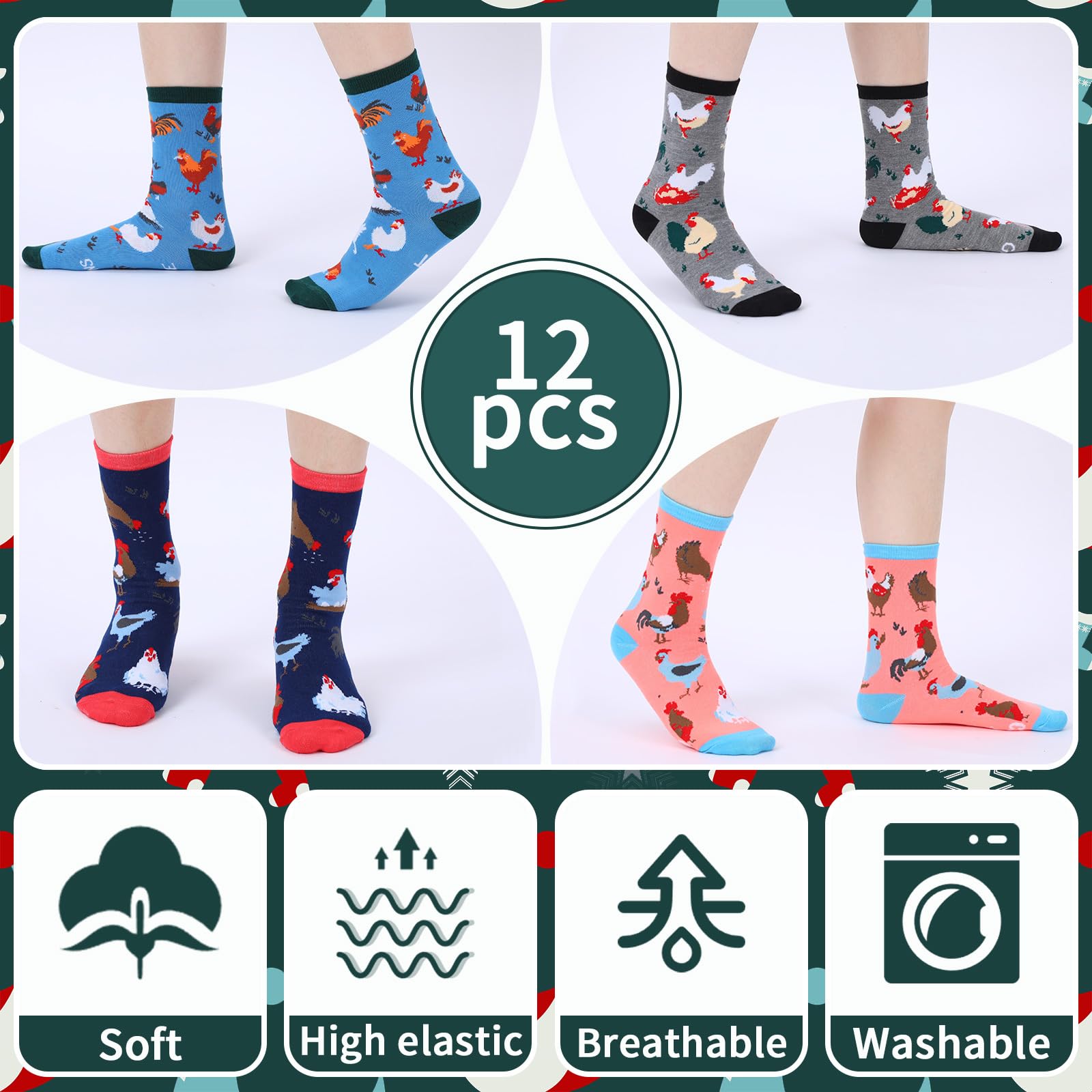 12 calcetines de Navidad con hongos de pollo para mujeres y hombres, regalos divertidos de Navidad para adultos, bonitos calcetines de dibujos animados para regalos