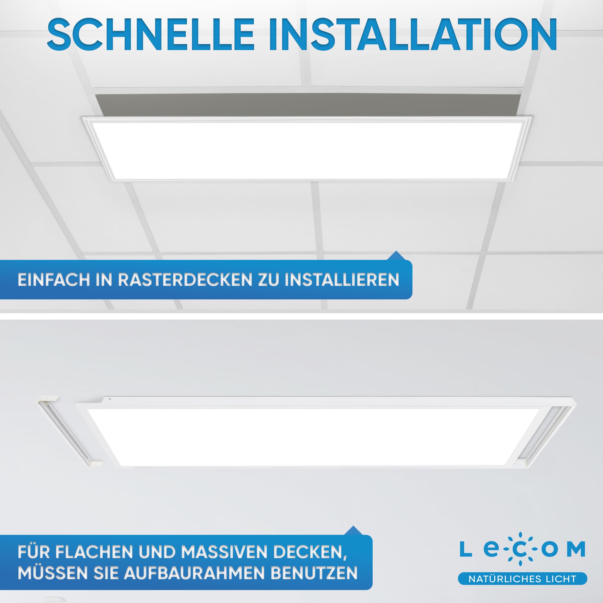 LECOM LED Panel 120x30 Dimmbar 3000-6000K CRI90 Fernbedienung Aufbaurahmen | LED Deckenleuchte Aufputz. Natürliche Farben dank CRI90 für Verkaufsräume, Bibliotheken, Schulungsräume, Besprechungsräume.