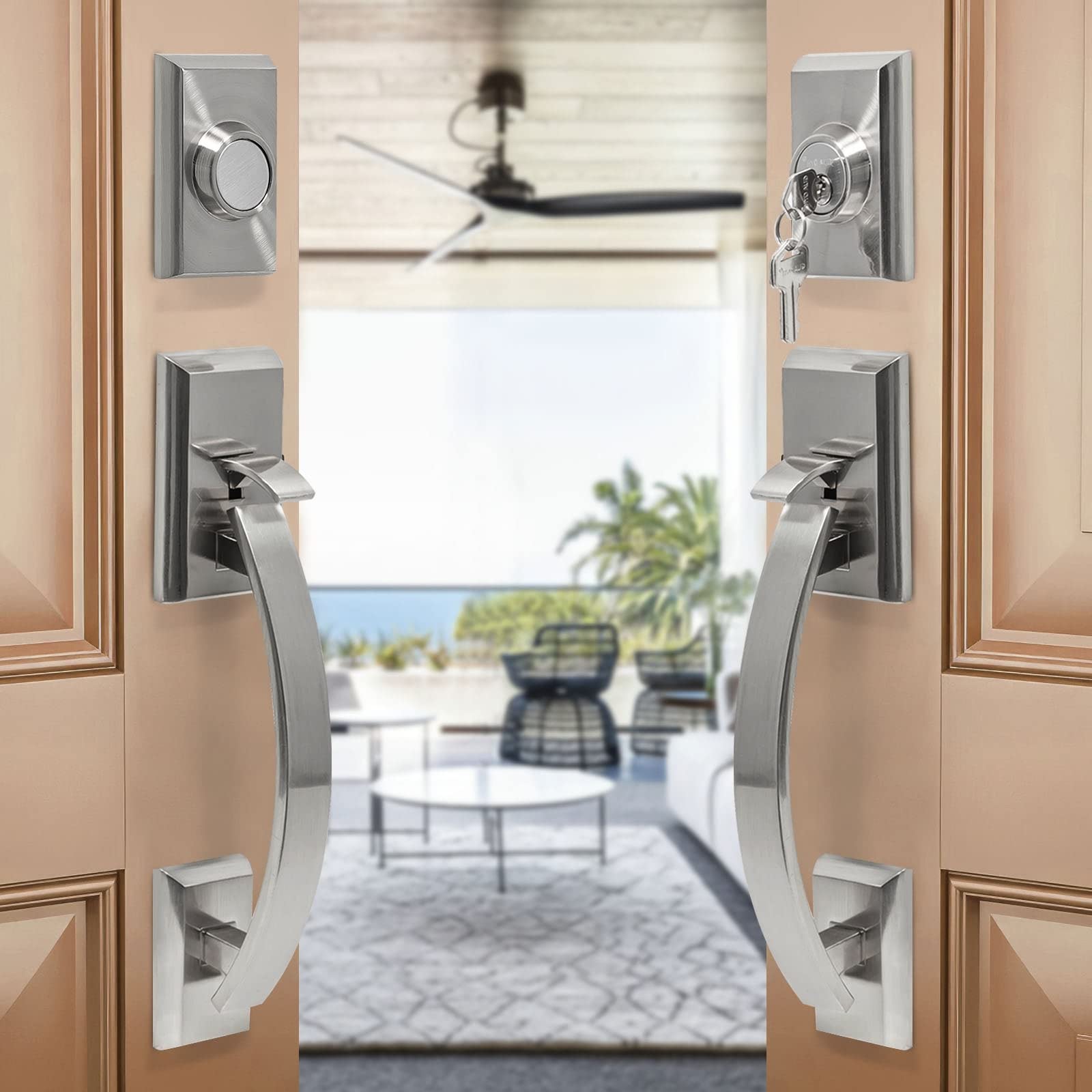 Overstock Front Door Split Arc Handle Door Lock Set with Double-Door - N/A Silver