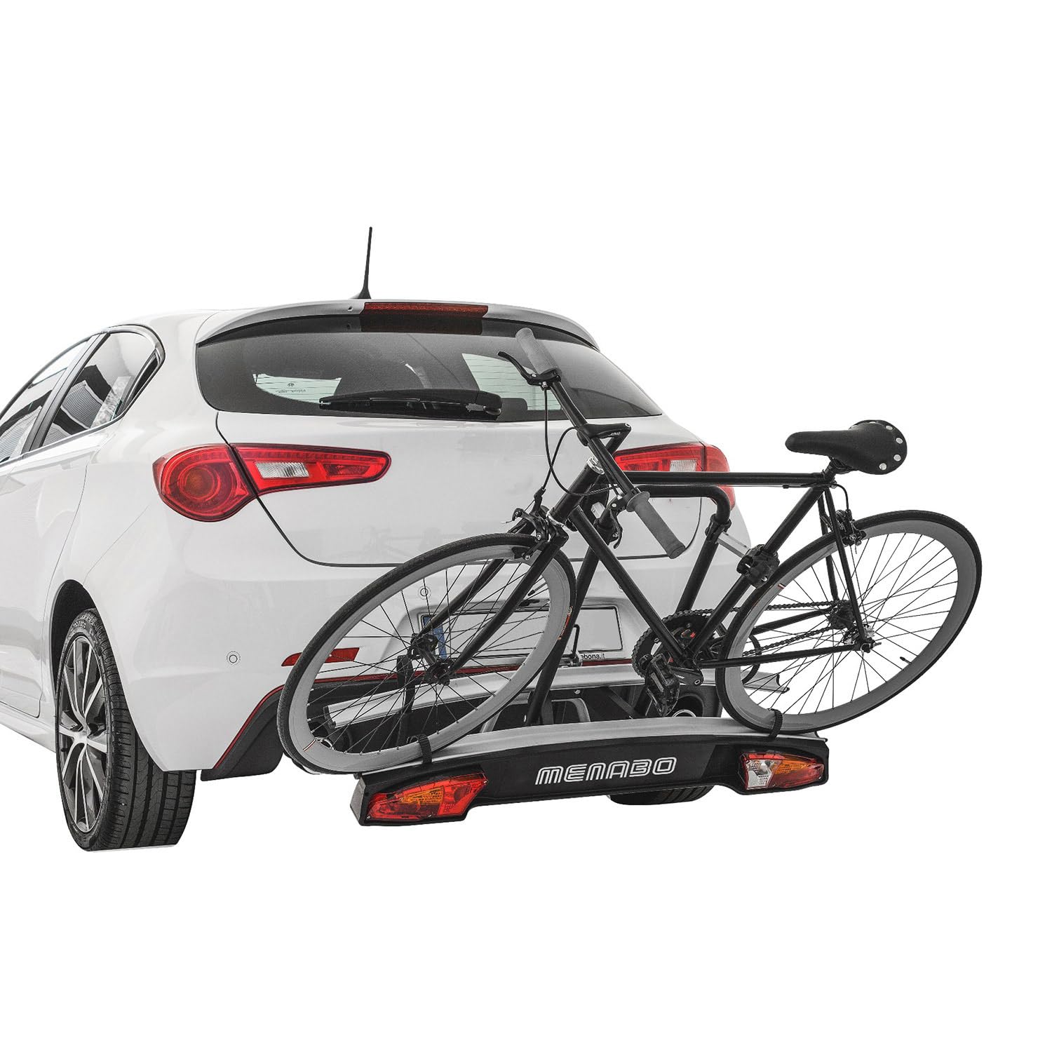MENABO Portabici Merak K Gancio Traino Portatutto Posteriore 2 Bici | Portatutto Posteriore Bici Pieghevole Rimovibile Leggero Accessori Cavalletto Bici Alluminio Nero Argento ABE