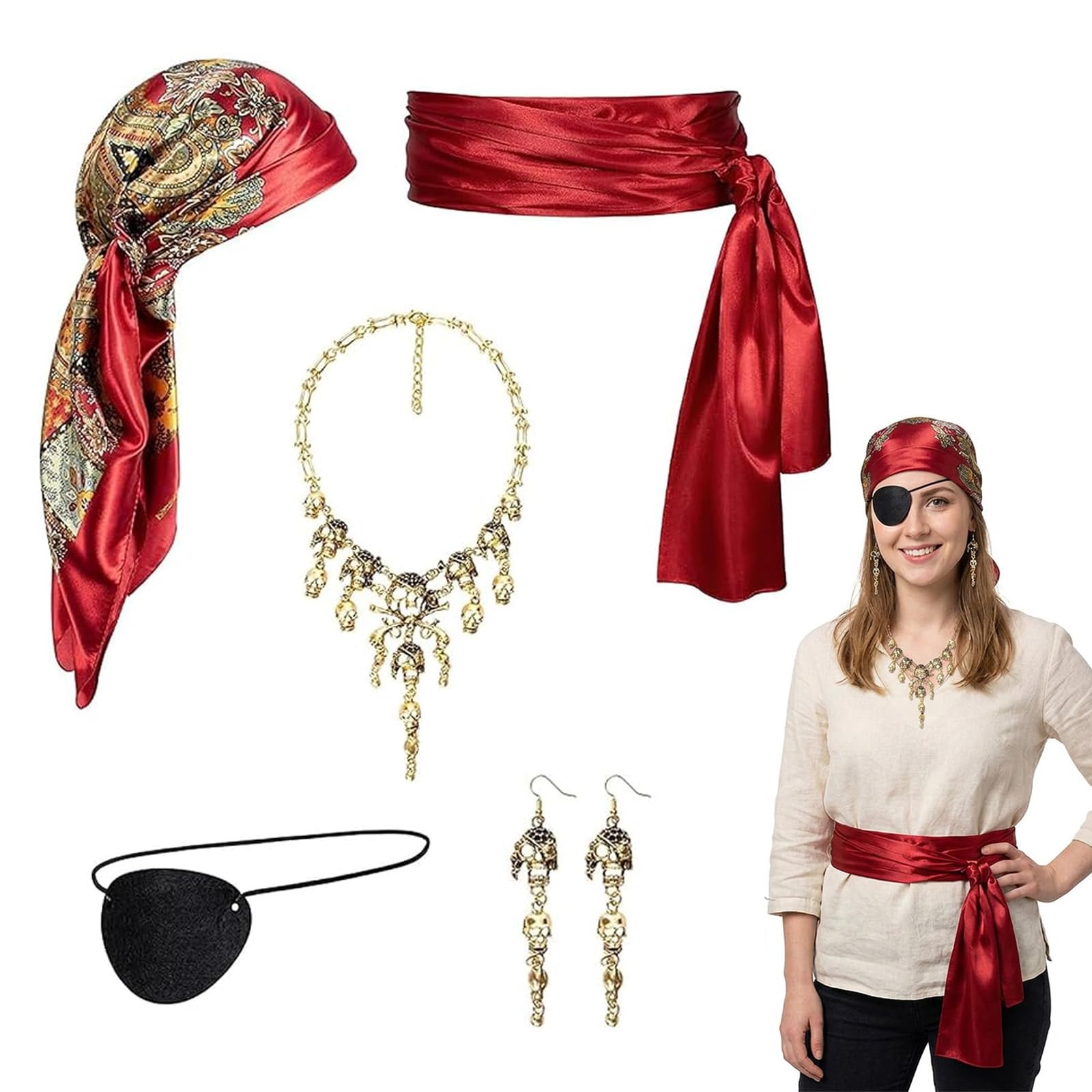 QhgPnt 5-Piece Pirate Costume Accessories Set, Adult Women Pirate Bandana