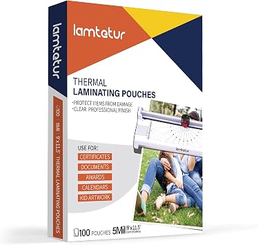 Lamtetur Thermal Laminating Pouches 9"x11.5" Inches, Holds 8.5 x 11 Inch Sheets,5mil 100Pack Hot Laminate Films, Clear Laminator Papers, Letter Size Lamination Sheets 5MIL 100PK