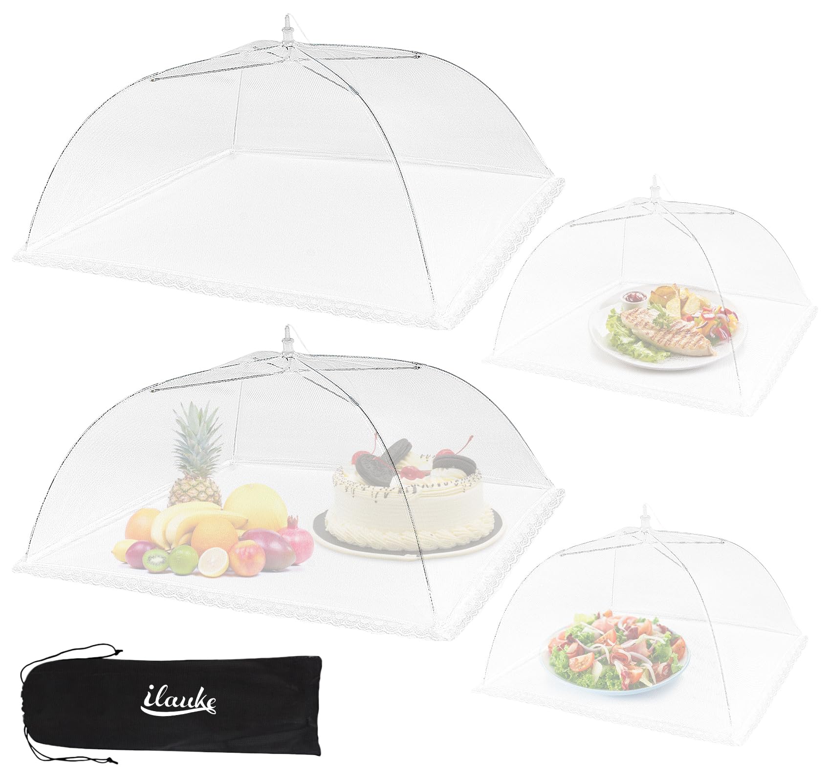 ilauke 4er Set Fliegenhaube, 2 Groß Fliegenhaube Lebensmittele(100x60cm) und 2 Standard Faltbare Abdeckhauben für Lebensmittel, Perfekter Fliegen-Schutz für Essen, Obst, Picknick, BBQ, Weiß