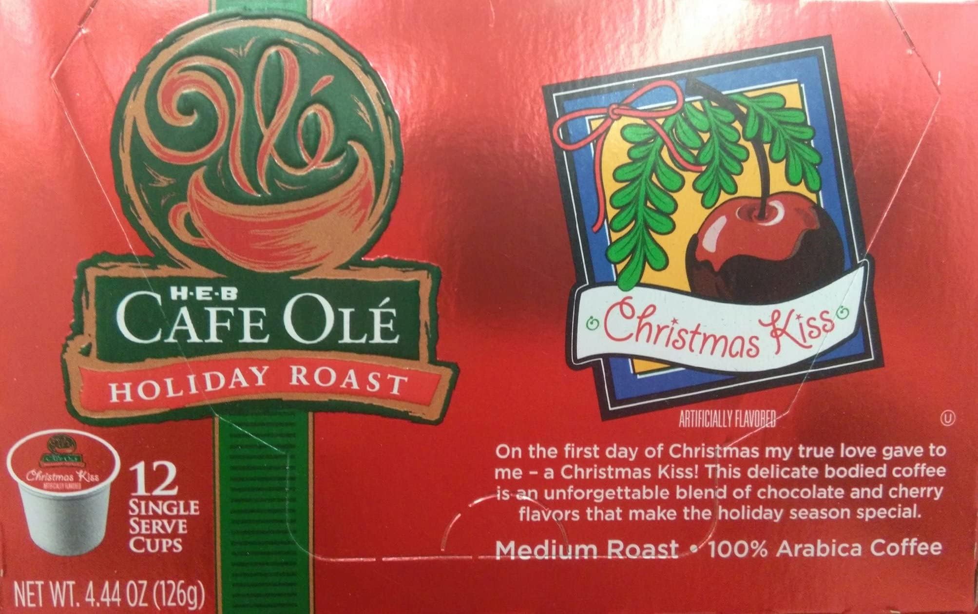 HEBCafe Ole' Holiday Roast Single Serve Coffee Cups 12 Per Box - Medium Roast (Pack of 4 Boxes - 48 Cups) Select Flavor Below (Christmas Kiss - Blend of Chocolate & Cherry)