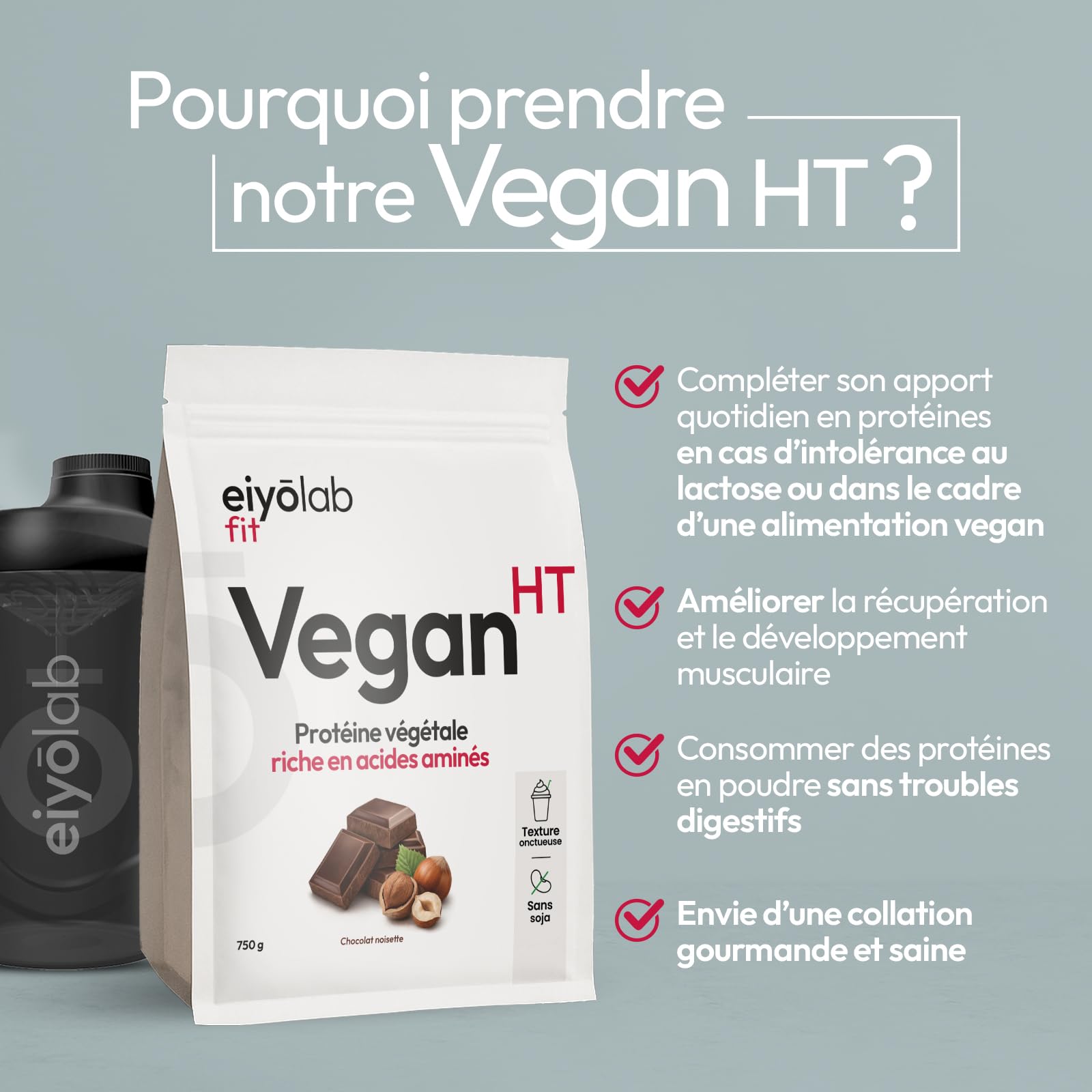 Vegan HT | 78% de protéines | 6 sources : Pois, Riz, Chanvre, Courge, Tournesol, Isolat Féverole | Sport & Musculation | BCAA | Sans soja | Texture Onctueuse Saveur Chocolat Noisette | 750g | Eiyolab