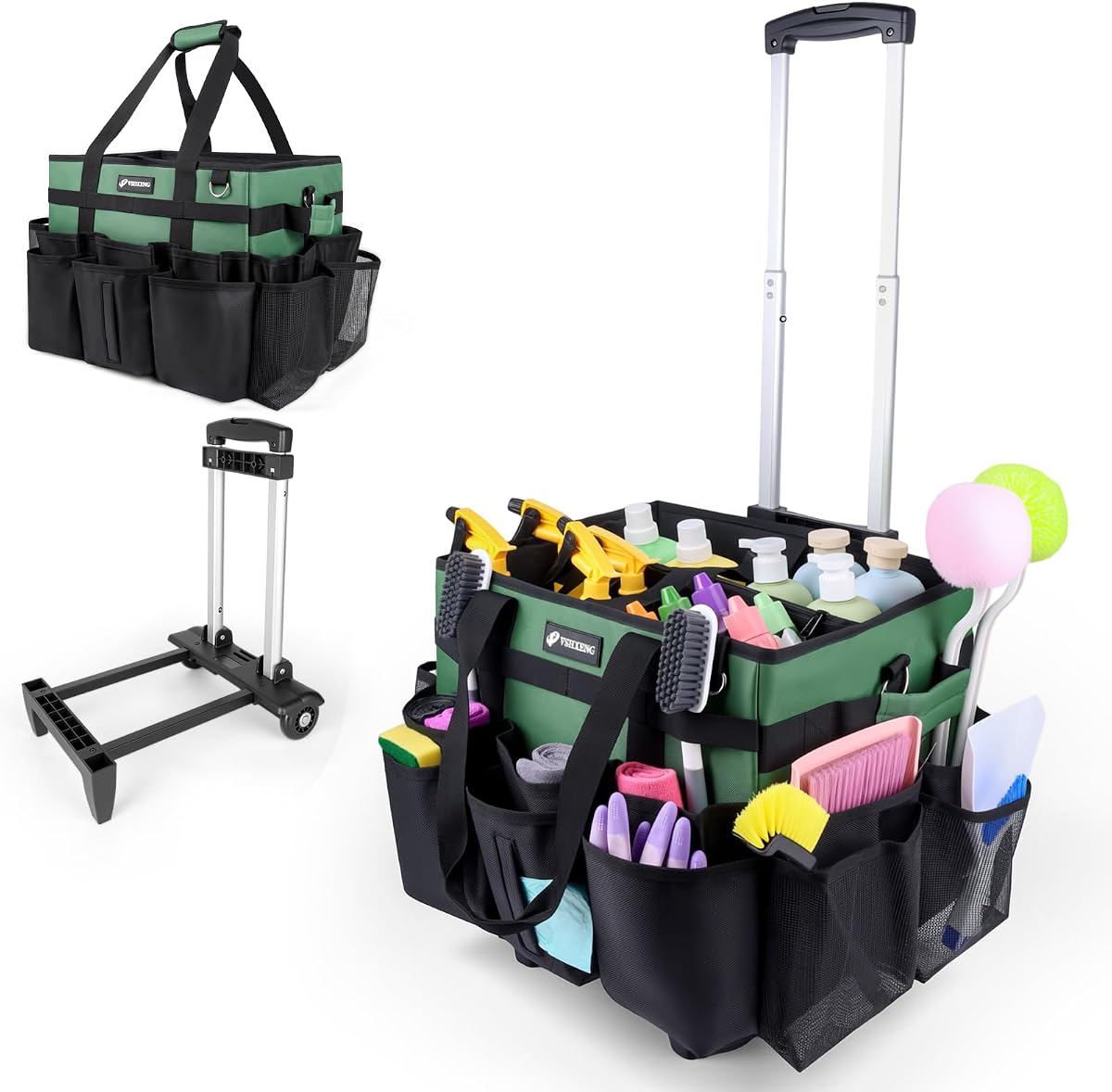 Large Rolling Cleaning Caddy Bag with Wheels, Cleaning Bag with Detachable Trolley, Cleaning Bags on Wheels for Housekeepers, Cleaning Cart Supplies Organizer for Home, Car, Picnic (Green)