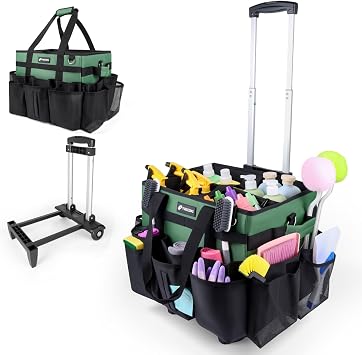 Large Rolling Cleaning Caddy Bag with Wheels, Cleaning Bag with Detachable Trolley, Cleaning Bags on Wheels for Housekeepers, Cleaning Cart Supplies Organizer for Home, Car, Picnic Green