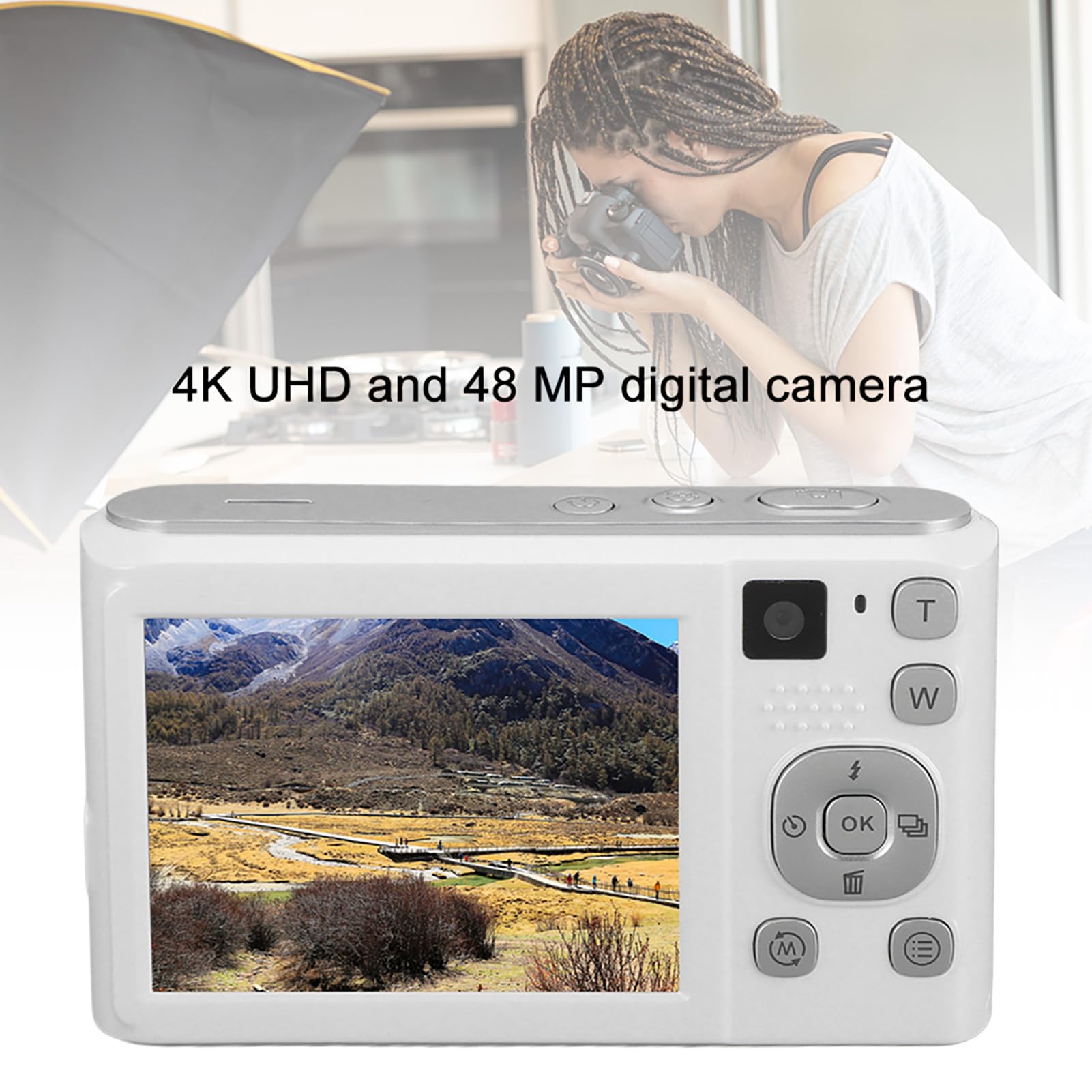 Aparat Cyfrowy, Przenośny Kompaktowy Aparat 4K UHD 48 MP z 2,8-calowym Ekranem IPS, 16-krotnym Zoomem Cyfrowym, Zabezpieczeniem Przed Wstrząsami, Podwójnym Aparatem z Przodu z
