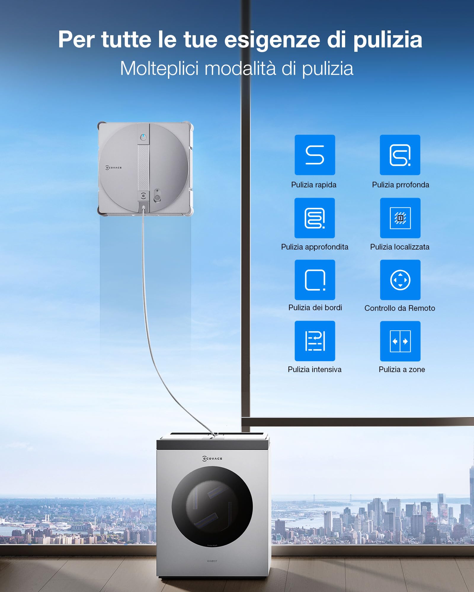 ECOVACS WINBOT W3 OMNI Robot Lavavetri con Stazione Multifunzione, Lavaggio Automatico del Panno, Pulizia Intelligente fino al Bordo, Nebulizzazione a Triplo Ugello, Controllo tramite App