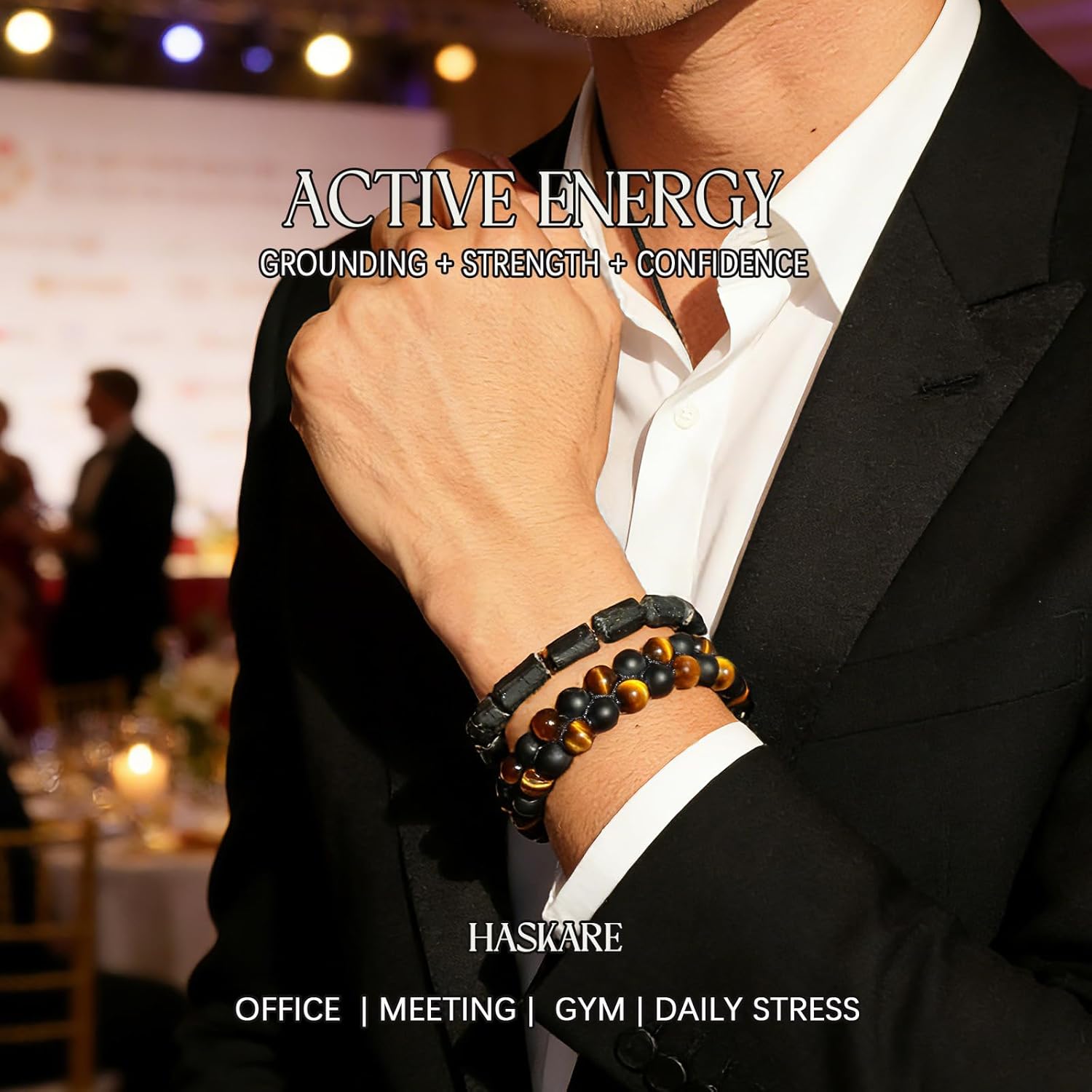 HASKARE Tiger Eye Stone Bracelet Men Women - Natural Energy Stone Essential Oil Lava Rock Black Onyx Tiger Eye Beads Bracelet Adjustable - Image 2