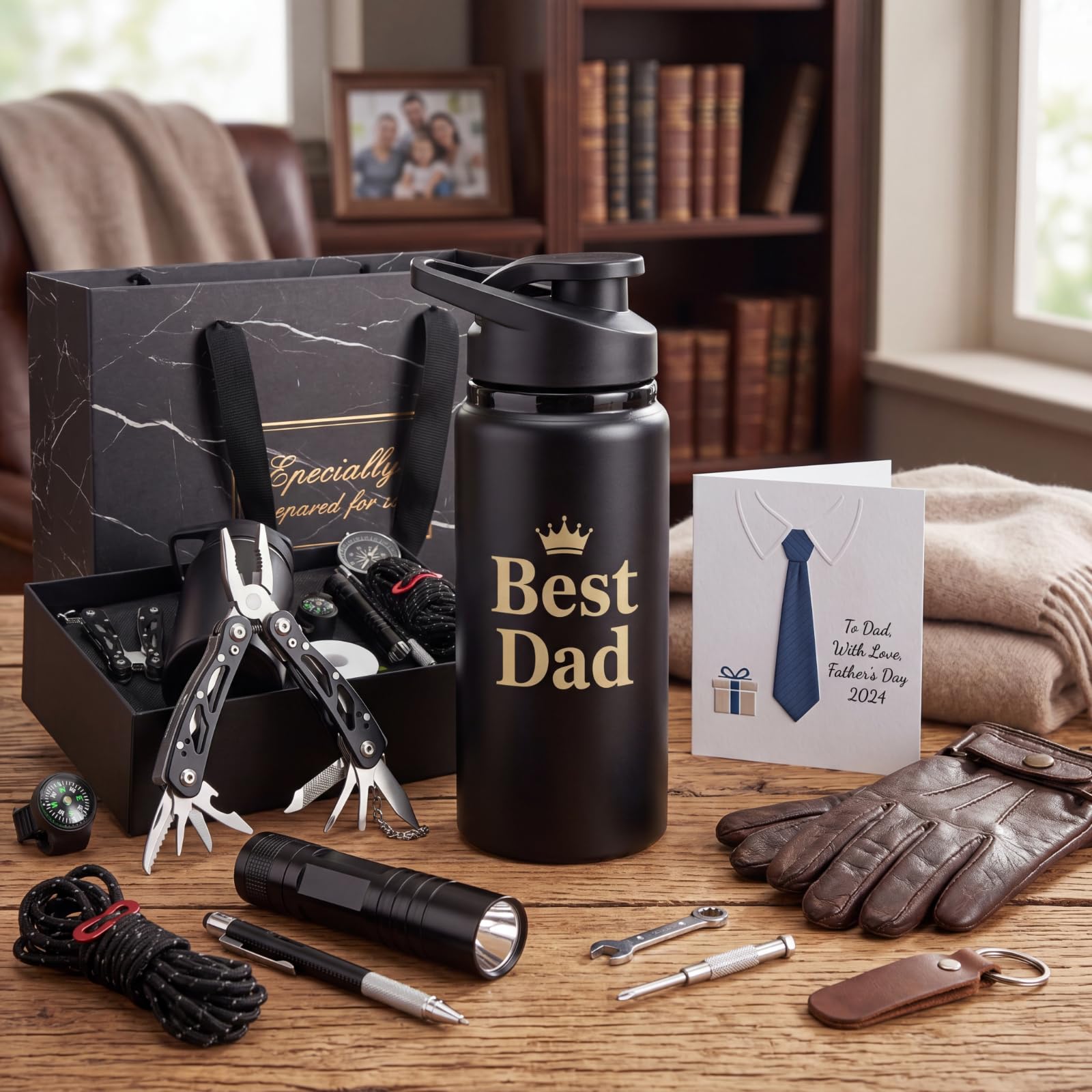 Kit de survie 9 pièces, panier d'anniversaire pour homme, boîte pour papa, équipement d'urgence en plein air avec bouteille d'eau, lampe de poche, boussole, sifflet, cadeau de camping