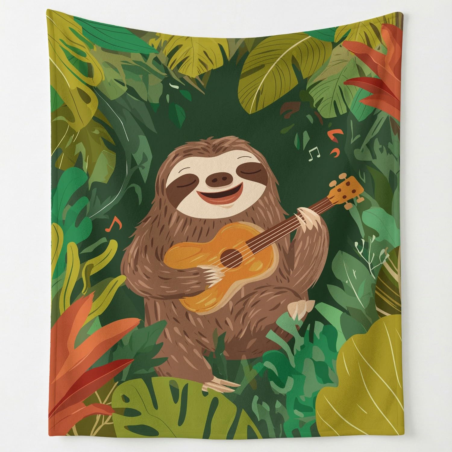 Generisch Kuscheldecke Fleecedecke Decke Cartoon Musik Faultier Grün Gitarre Braun Tier Natürlich 180cm x 200cm Wohndecken Flauschig Überwurf Mikrofaser Tagesdecke Sofadecke für Schlafzimmer