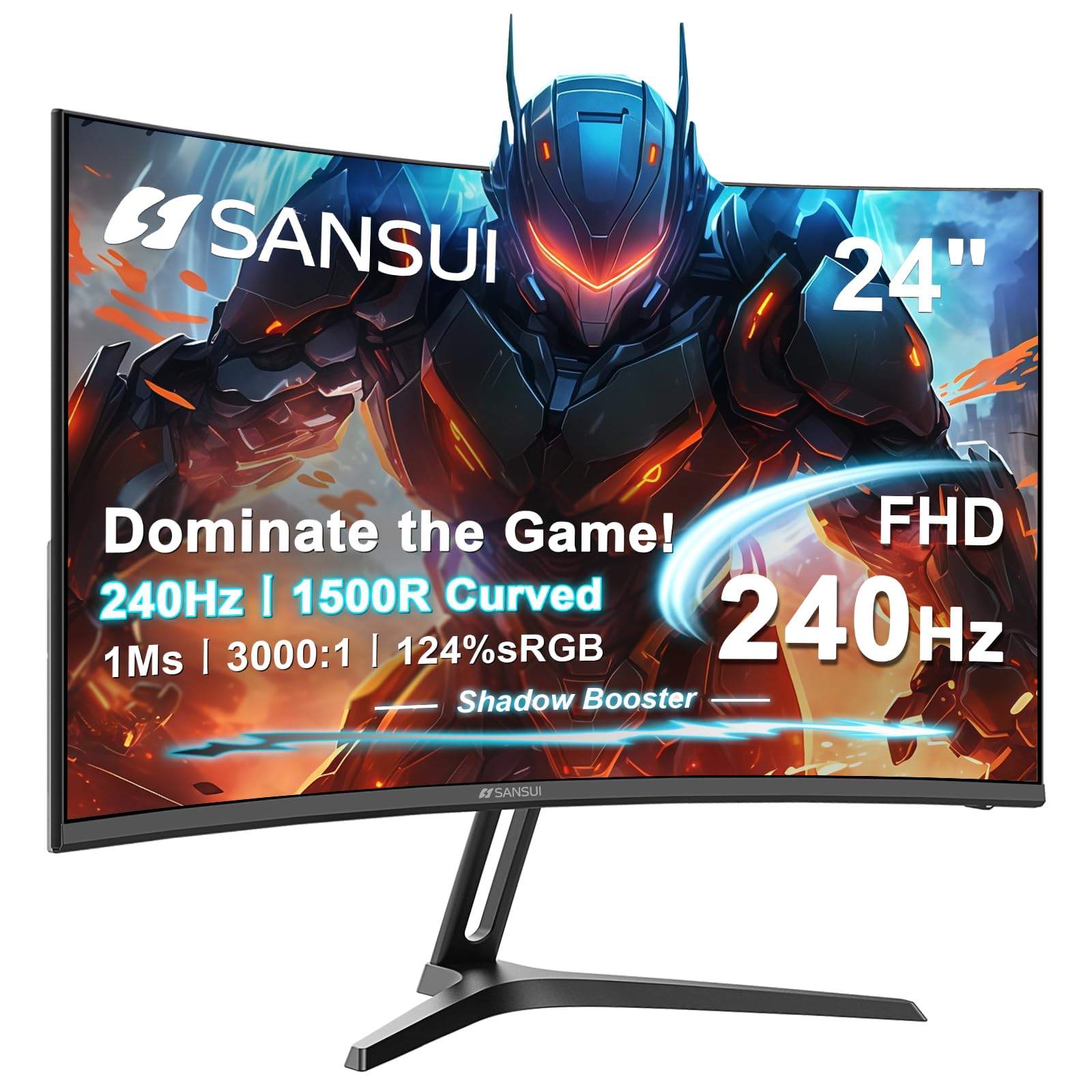 SANSUI 24 Inch Curved 240Hz Gaming Monitor FHD 1080P, 1500R Curve Computer Monitor, 124%sRGB, 3000:1 Contrast Ratio, HDR, FreeSync, MPRT 1Ms, Low Blue Light, HDMI DP ports.(ES-G24C1 PRO DP Cable Incl)