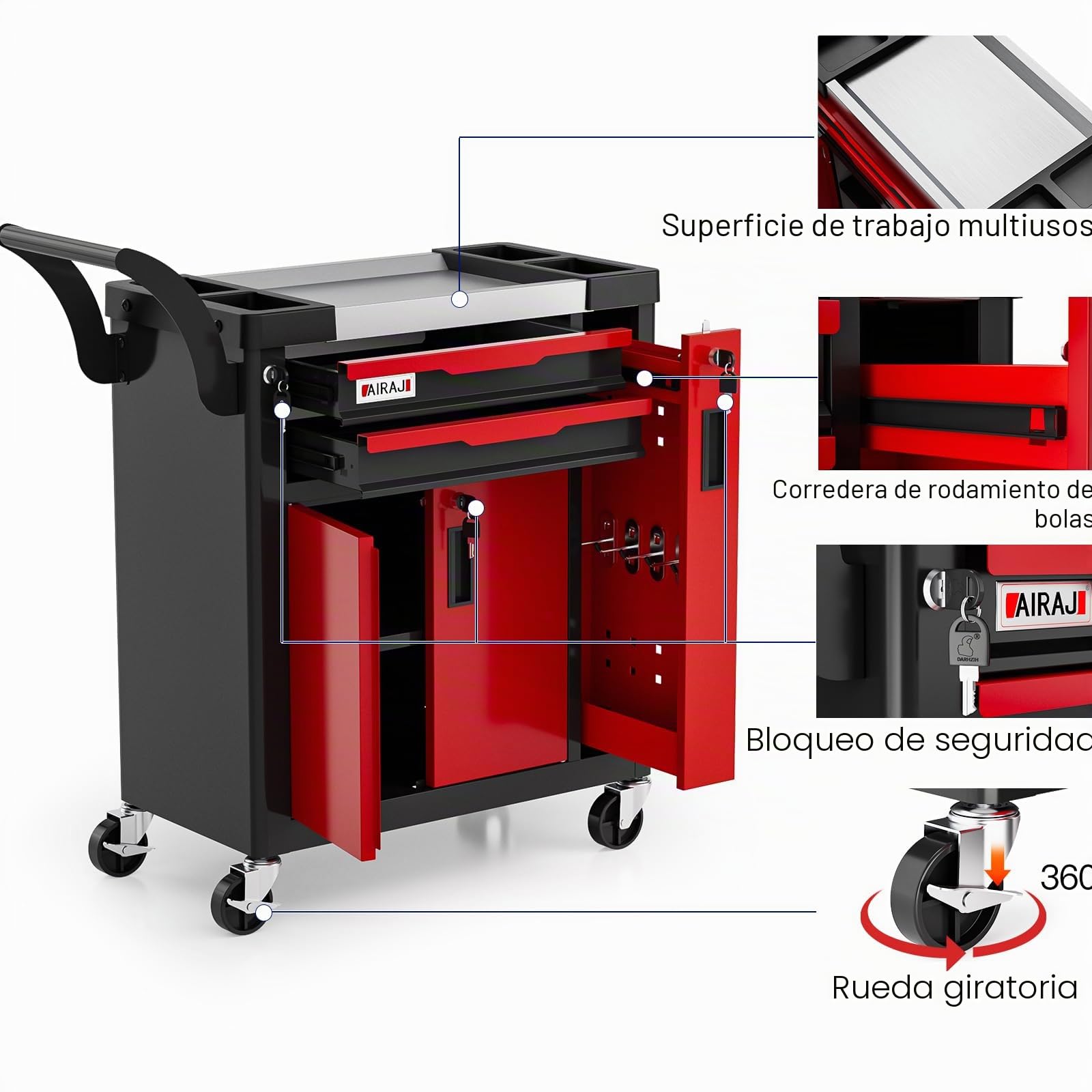 AIRAJ Carro Herramientas,Carro de Herramientas a 2 cassetti di Grande capacità,Carrito de Herramientas Multiuso con ruote,con cassetto Laterale,Adatto per Garage, magazzini, officine